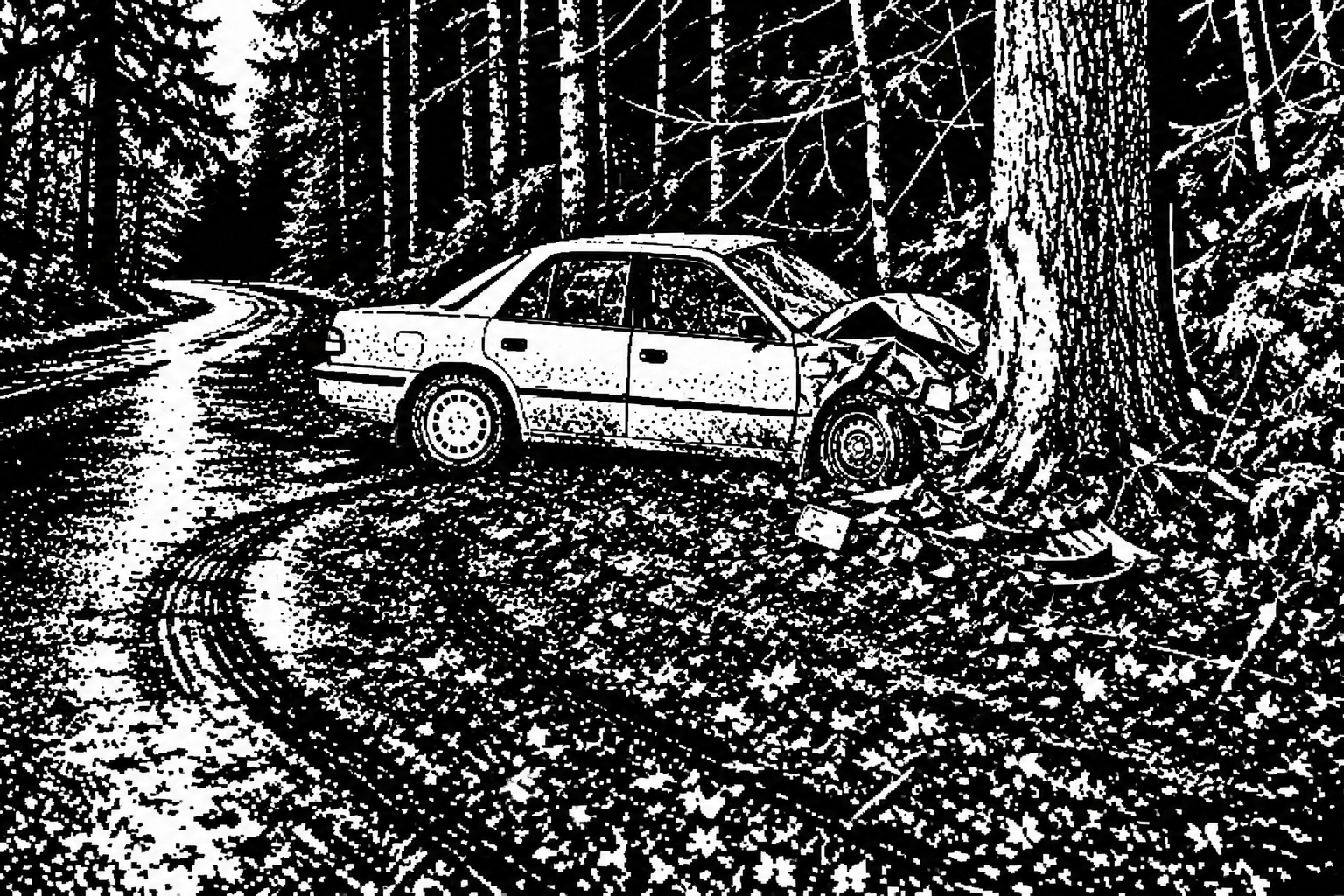 Fictional black-and-white scene of a sedan against a tree, with tire marks and debris.